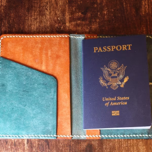 Leather Passport Wallet - Italian Badalassi Carlo Turquoise and Cognac